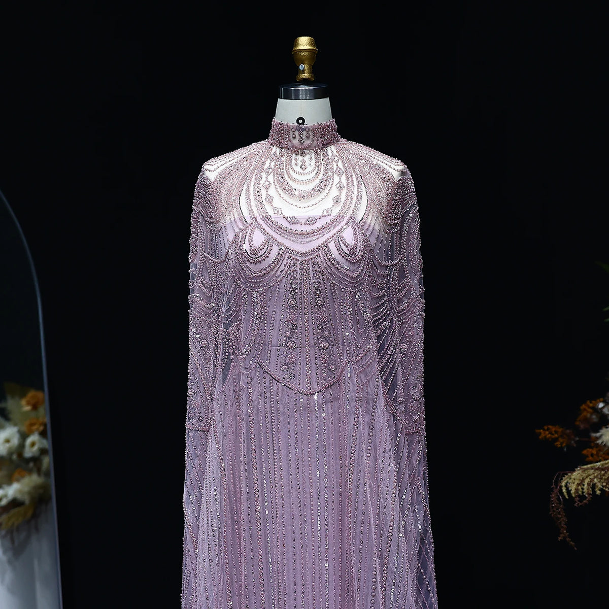 Lavender purple crystal beaded kaftan evening gown with flowing cape silhouette