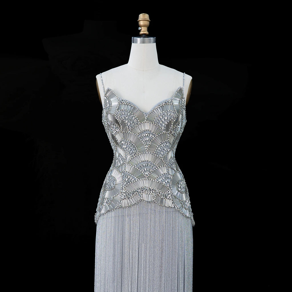 Silver beaded fringe evening gown with sculpted corset bodice and sweetheart neckline